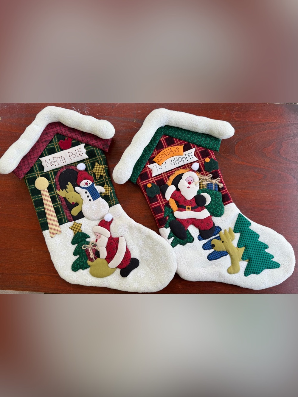 Set of Finished Handmade Felt Appliqué Christmas Stockings